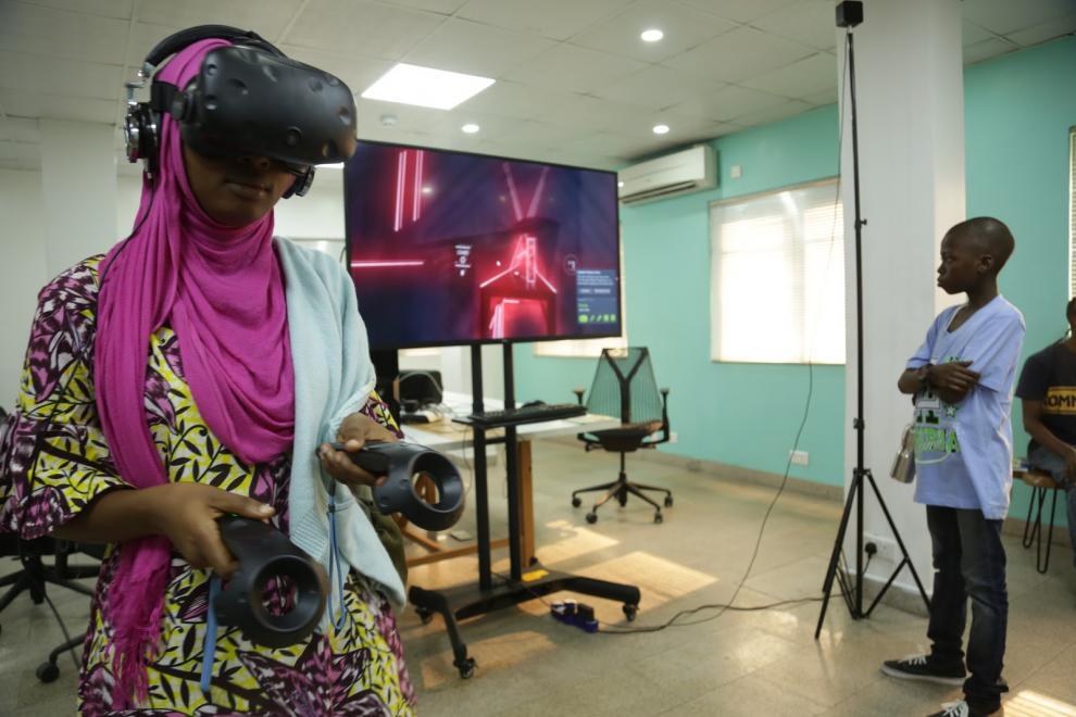 A student using a VR headset 