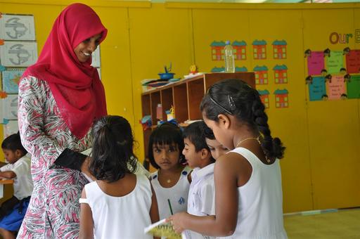 Children in a child-friendly classroom at a pre-school in Maafushi Island, Central Maldives.
