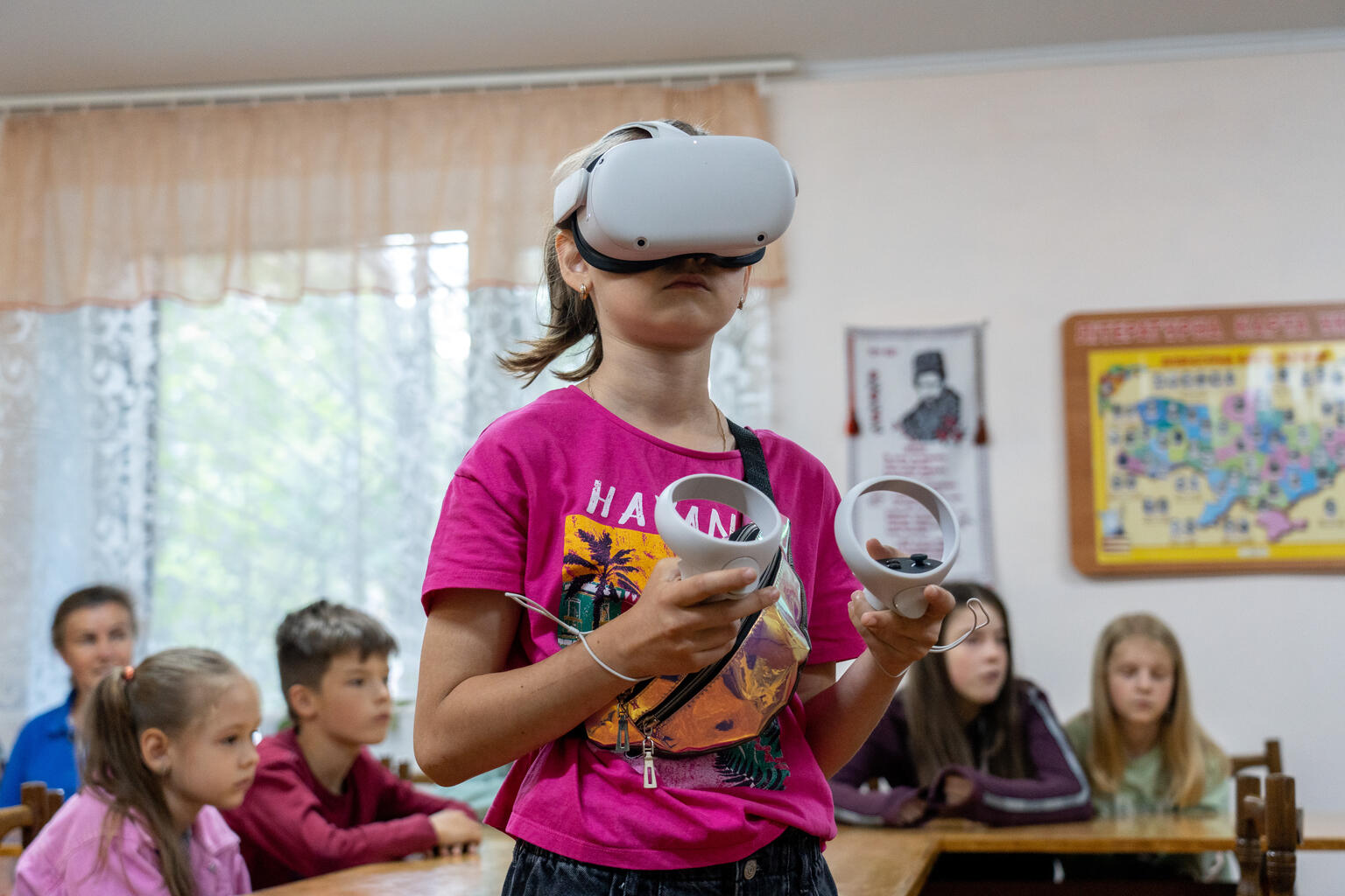A nine-year-old girl pulls the virtual reality (VR) glasses down over her eyes. After being forced to flee the war in Kyiv with her family, it seems little can phase her these days. But she is awe-struck to find herself aboard a train, speeding through a Mexican canyon.  “I tried VR for the first time,” she says. “It was difficult to stand on my feet, I was afraid of falling, I was shaking a little. It was great.”