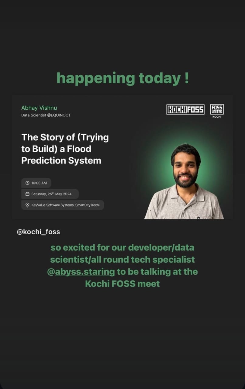 Abhay Vishnu, Data Scientist at Equinoct, spoke at FOSS Kochi as part of open source promotion and community engagement. 