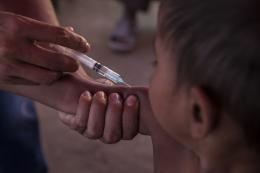On 30 November 2017 in Bangladesh, a Rohingya child is immunized in the Unchiprang makeshift refugee camp in Cox’s Bazar district during the UNICEF-supported measles vaccination campaign.