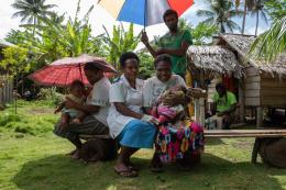 Registered nurse, Miriam Nampil, 55 years, vaccinates the first baby with a commercial drone delivered vaccine. Baby Joy Nowai, one month old, receives vaccines BCG to prevent tuberculosis and Hepatitis B.